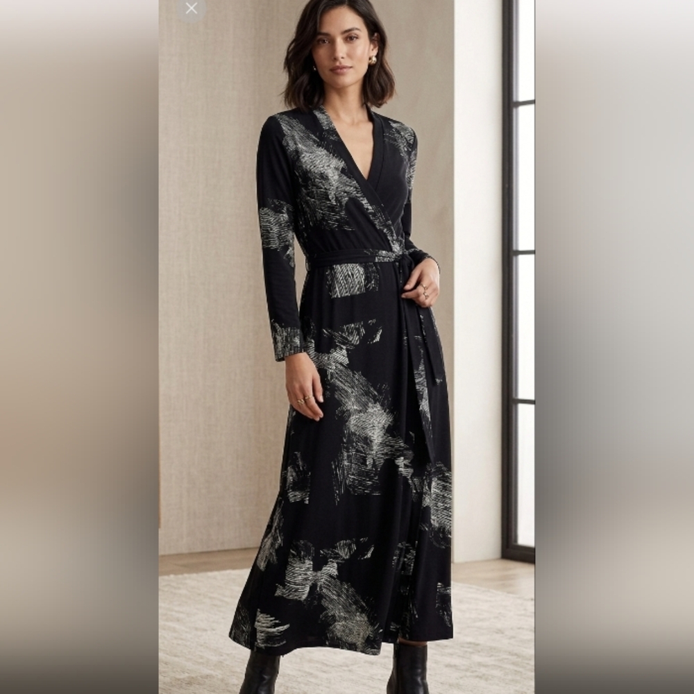 raquel allegra black dress with grey print elastic waist back tie sz 1/S